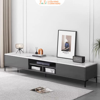Kệ tivi đen mặt gỗ MDF màu vân đá phủ Melamine phòng khách, Tủ Tivi để sàn đa năng - GP297