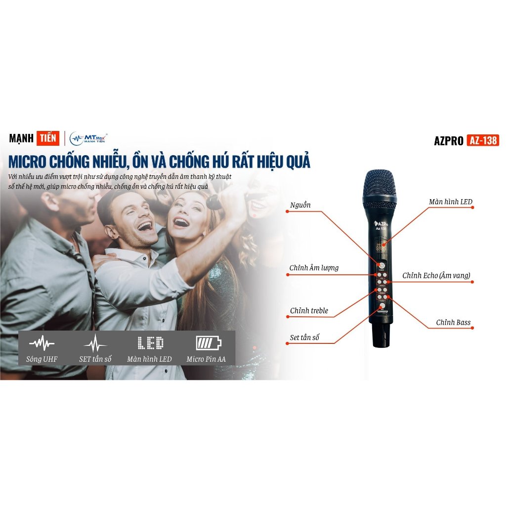 Micro Đa Năng AZpro Az138 Chỉnh Bass, Treble, Echo, Âm Lượng Ngay Trên Thân Mic Phù Hợp Với Amply, Loa Kéo, Mixer,