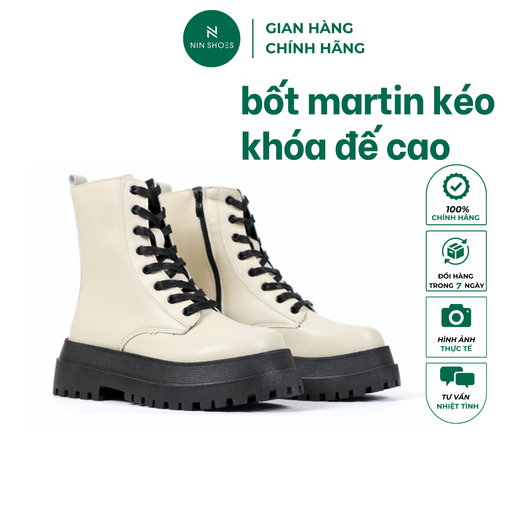 Bốt martin đế cao Ninshoes boot cao cổ hack dáng chất liệu da cao cấp form chuẩn dây xỏ độn đế BOM018