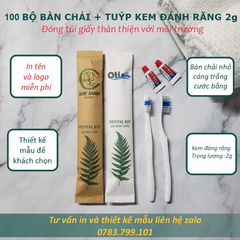 Bàn chải khách sạn - Miễn phí in tên, logo khách sạn - 100 Bộ bàn chải và kem ống CC 3g dành cho nhà nghỉ, khách sạn