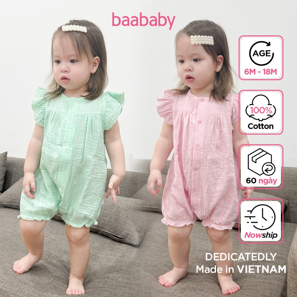 Bộ bodysuit, bodychip cho bé gái sơ sinh, romper vải xô tay bèo cho bé gái từ 6 tháng - 18 tháng - Baa Baby