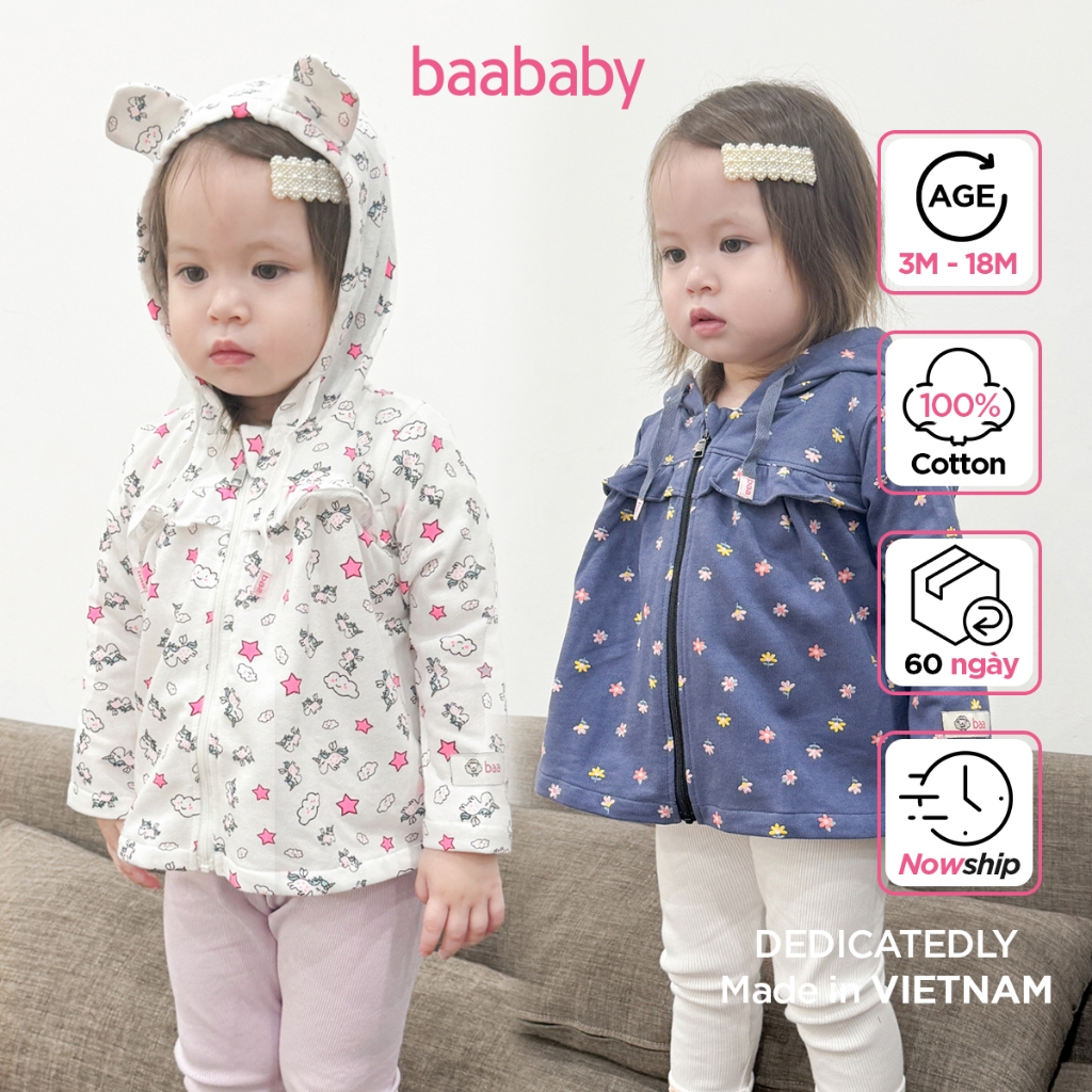 Áo khoác có nón cho bé sơ sinh, áo khoác cho bé gái, áo khoác tai thỏ cho bé từ 0 - 18 tháng Baa Baby