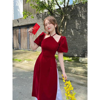 Áo dài cách tân nhung cổ yếm