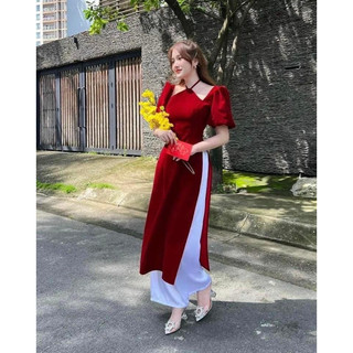 Áo dài cách tân nhung co giãn tốt,mềm mại, cổ yếm kèm quần trắng.