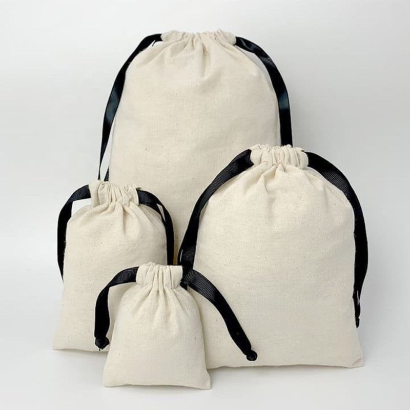 🌿 Túi vải dây rút nhiều kích thước | Túi vải cotton mộc xỏ dây đen 🌿
