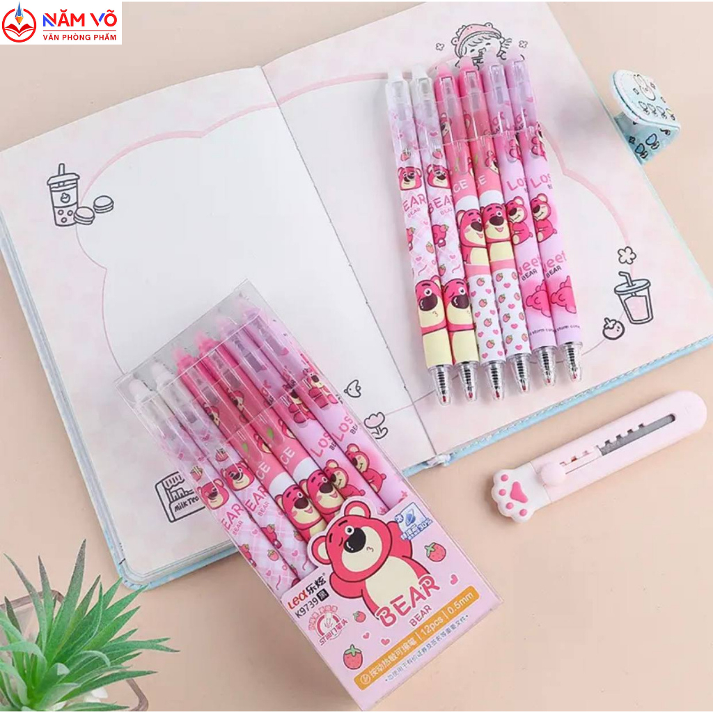 HỘP 12 Cây Bút Viết Gel Bấm Xóa Được Mẫu Gấu Dâu Losto Siêu dễ thương, chất lượng tốt Ngòi 0.5mm Mực Xanh, Tím