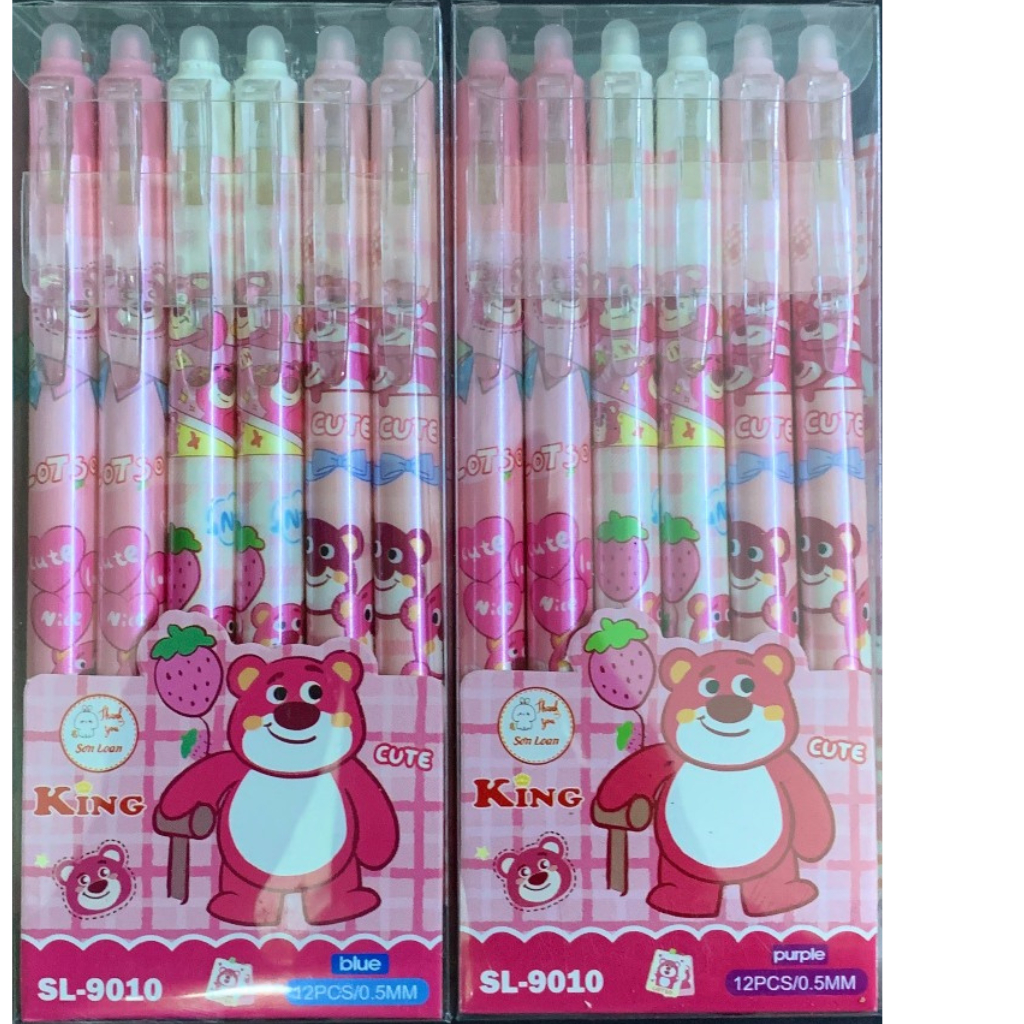 HỘP 12 Cây Bút Viết Gel Bấm Xóa Được Mẫu Gấu Dâu Losto Siêu dễ thương, chất lượng tốt Ngòi 0.5mm Mực Xanh, Tím