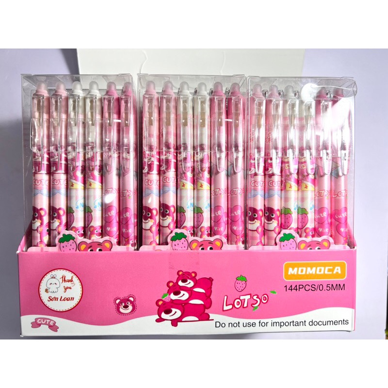 HỘP 12 Cây Bút Viết Gel Bấm Xóa Được Mẫu Gấu Dâu Losto Siêu dễ thương, chất lượng tốt Ngòi 0.5mm Mực Xanh, Tím