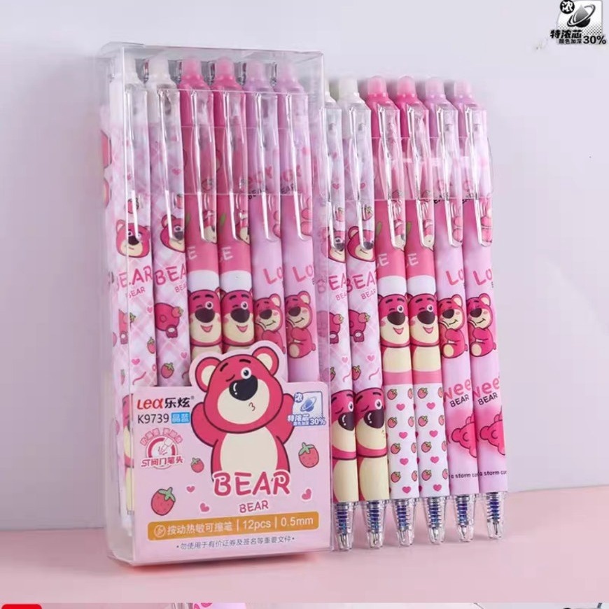 HỘP 12 Cây Bút Viết Gel Bấm Xóa Được Mẫu Gấu Dâu Losto Siêu dễ thương, chất lượng tốt Ngòi 0.5mm Mực Xanh, Tím
