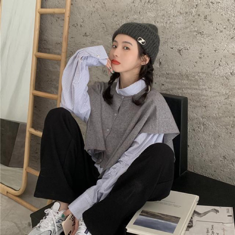 Set áo sơ mi kẻ xanh kèm áo gile xám form rộng phong cách hàn quốc