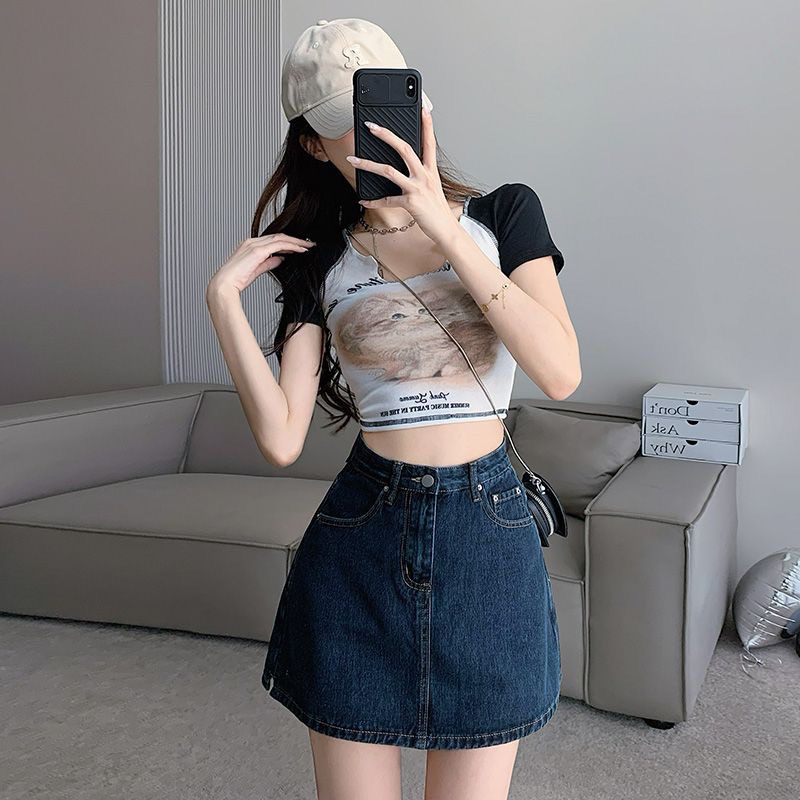 Quần váy bò denim dáng chữ A phong cách hàn quốc