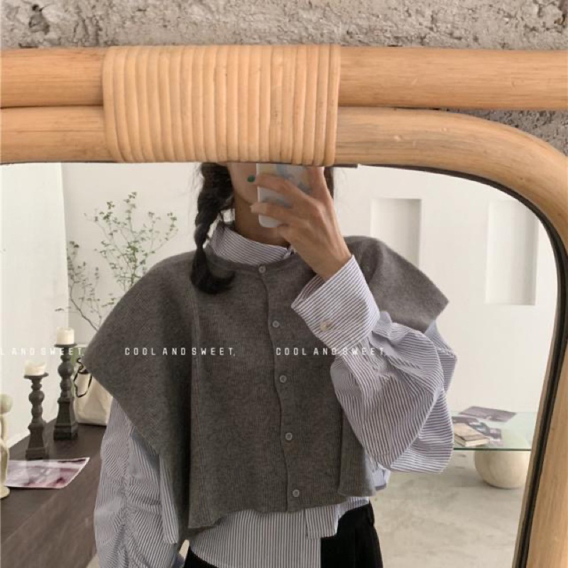 Set áo sơ mi kẻ xanh kèm áo gile xám form rộng phong cách hàn quốc