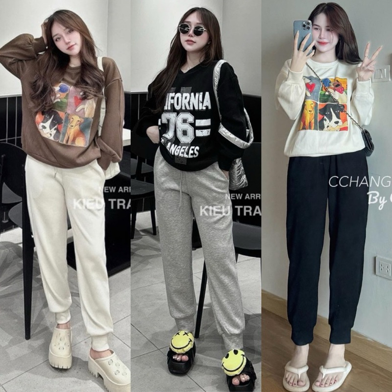 SET ÁO CROPTOP SWEATER XANH KÈM QUẦN JOGGER TRẮNG (về thêm hồng, đen, kem, nâu, đỏ)