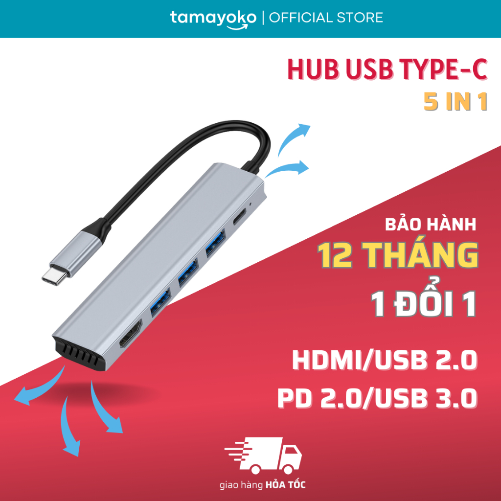 Hub Type C chia 5 cổng HDMI / USB 3.0 / USB 2.0 / PD sạc nhanh. Tamayoko T35 có khe tản nhiệt