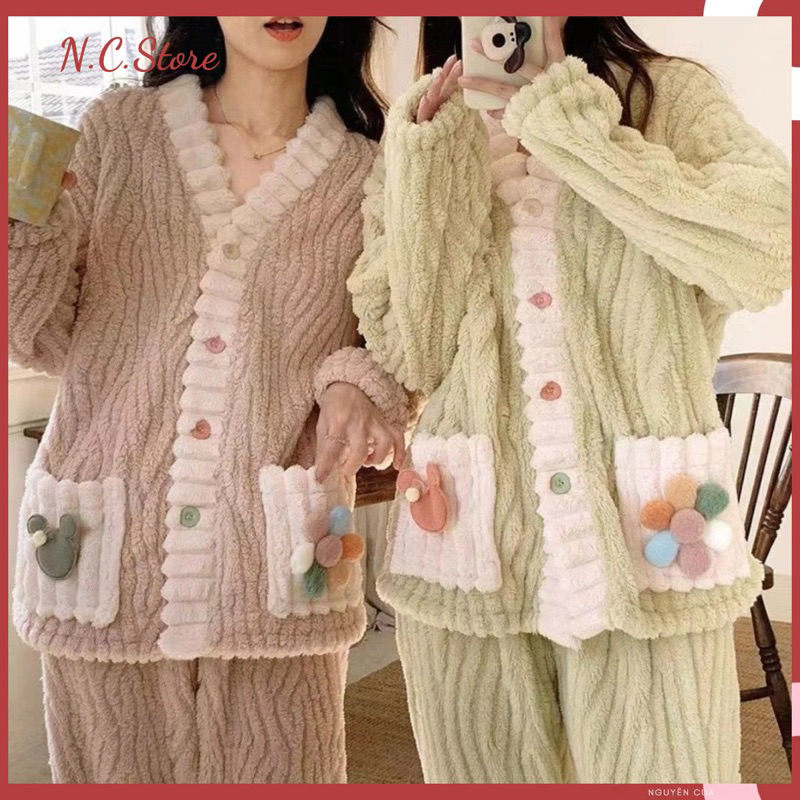 Bộ Ngủ Bông Pyjama Cổ V Lượn Sóng 2 Túi Bông Hoa