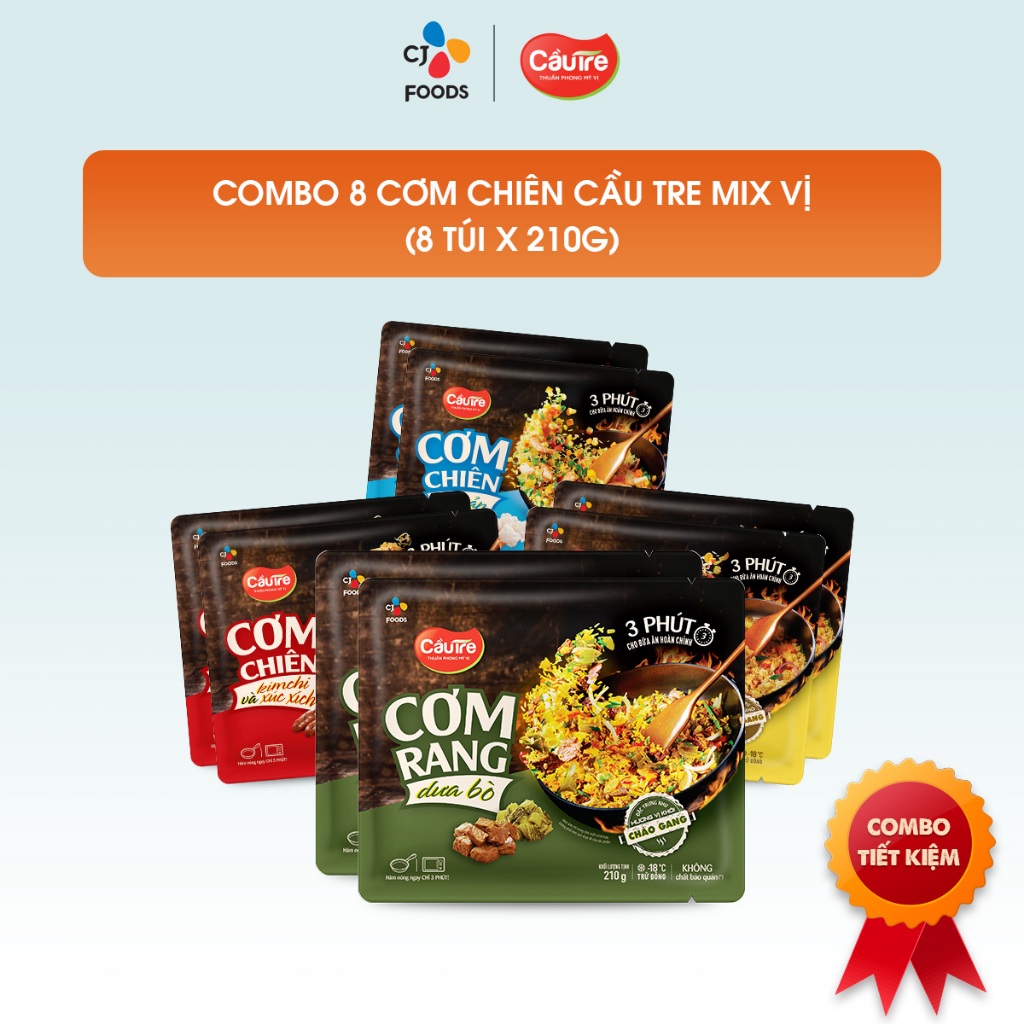 [Mua combo 8 tặng 4 gói] Combo 8 cơm chiên Cầu Tre túi 210g mix 4 vị (hải sản, gà cháy tỏi, dưa bò, kim chi xúc xích)