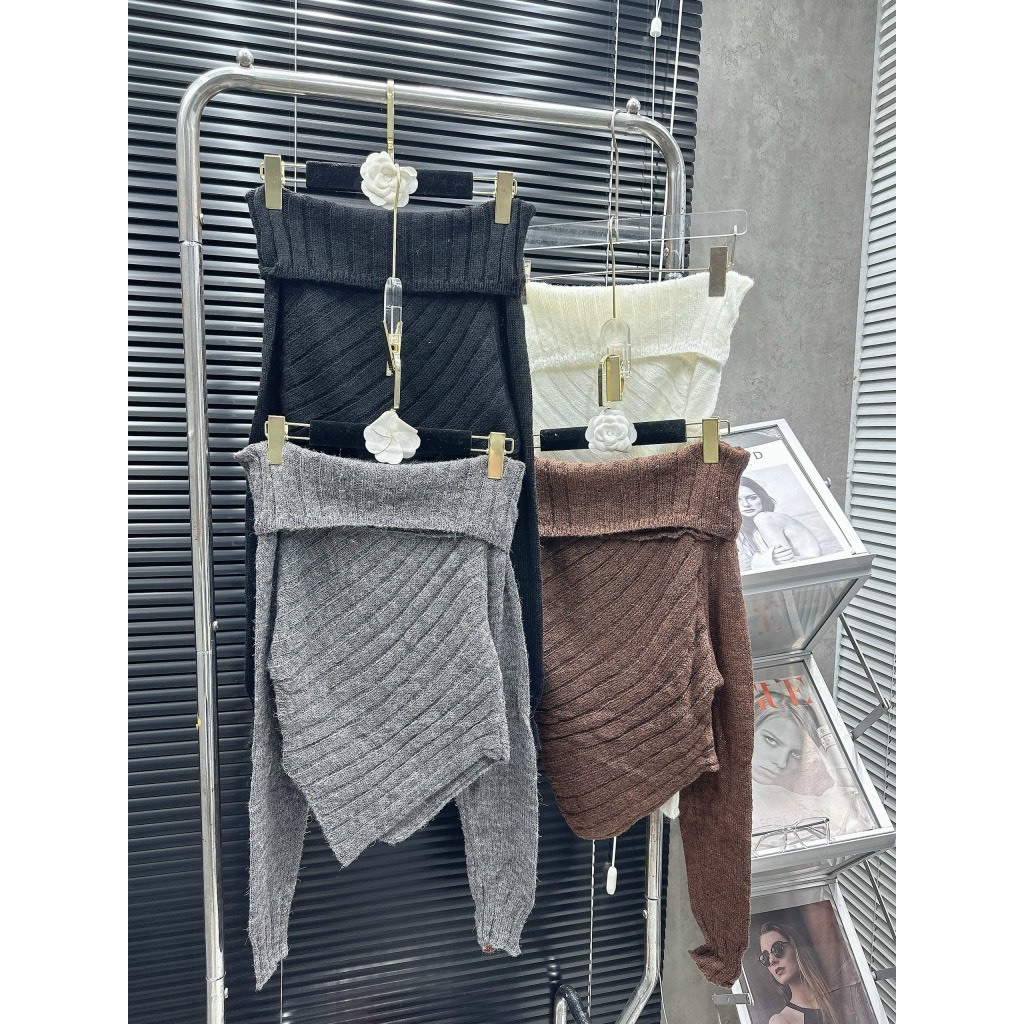 Áo len trễ vai vạt nhọn