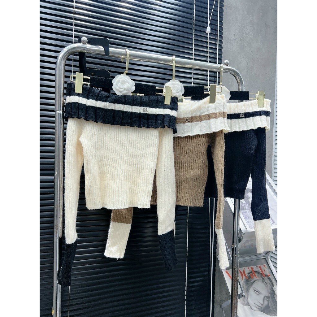 Áo len trễ vai viền kẻ