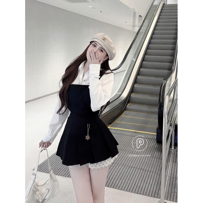 Set Áo Sơ Mi Phối Yếm Chân Váy Xoè