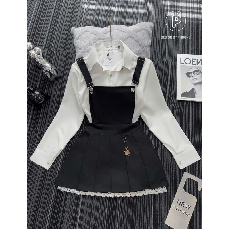 Set Áo Sơ Mi Phối Yếm Chân Váy Xoè