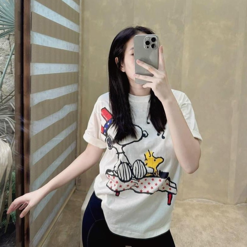 Áo phông tay lỡ màu trắng in hình ngộ nghĩnh xuất khẩu, hình in bắt mắt sinh động form rộng rãi thoải mái full size