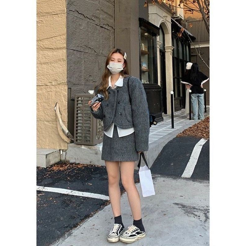 Set chân váy + áo khoác dạ phong cách hàn quốc