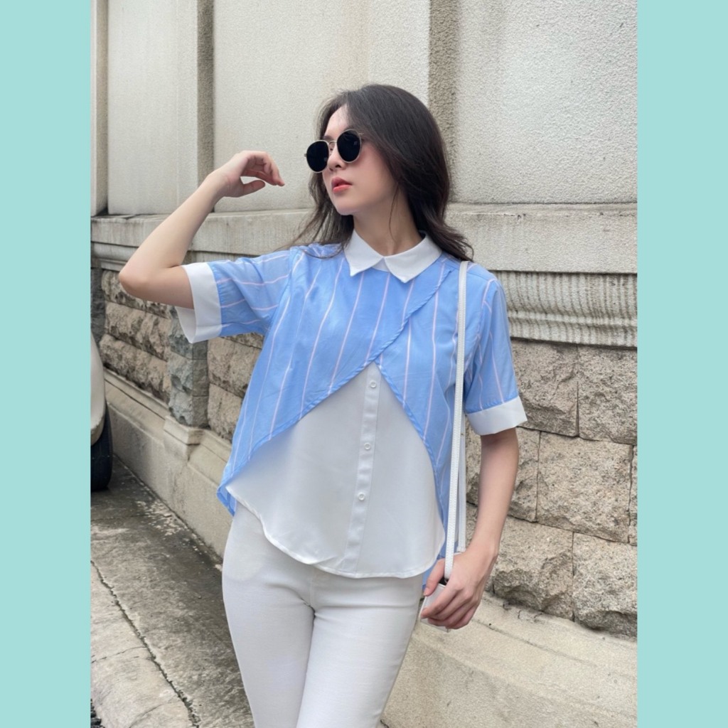 Áo Blue sọc ODS thiết kế, cổ Polo, tay ngắn, vạt sau dài, thời trang, trẻ trung - CD6