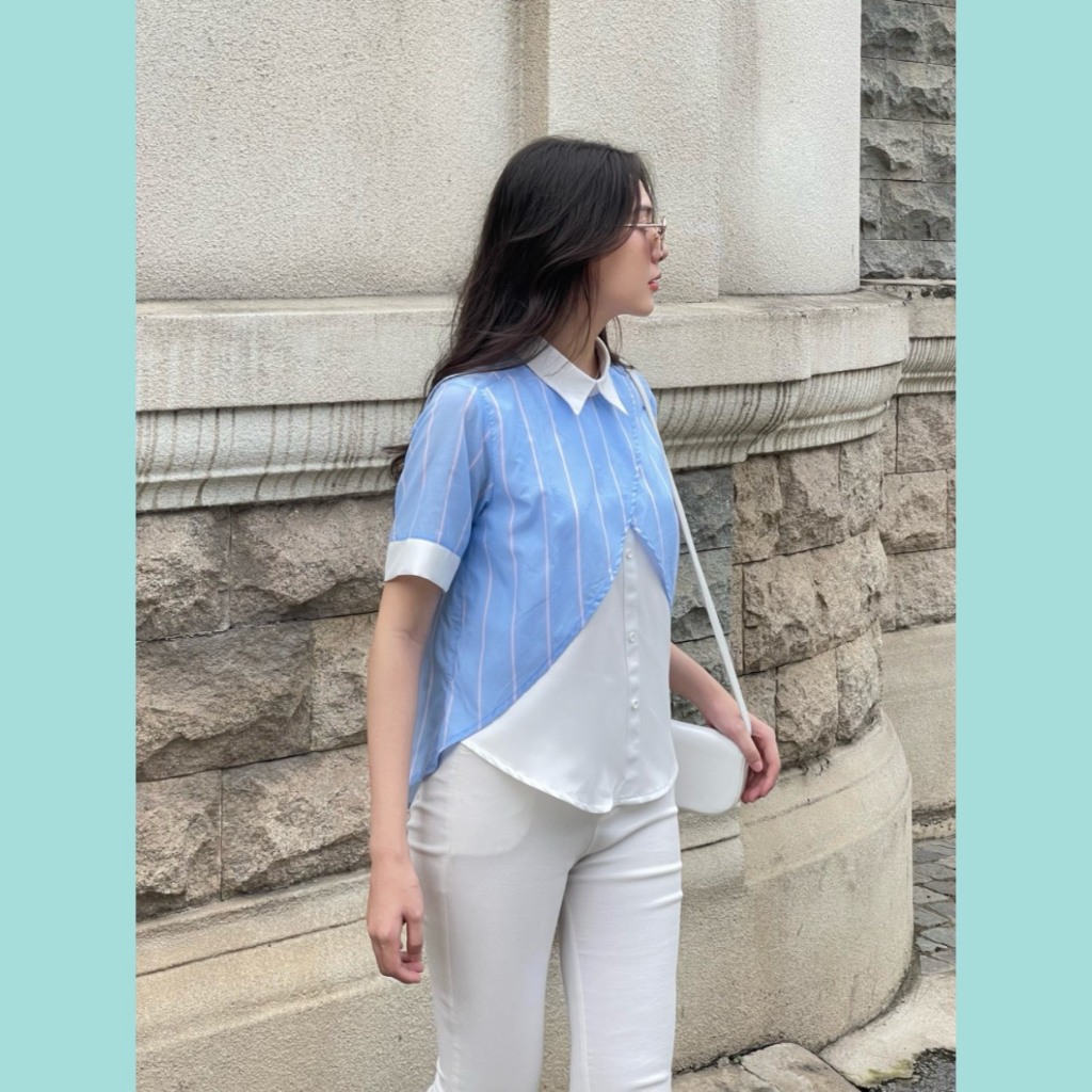 Áo Blue sọc ODS thiết kế, cổ Polo, tay ngắn, vạt sau dài, thời trang, trẻ trung - CD6