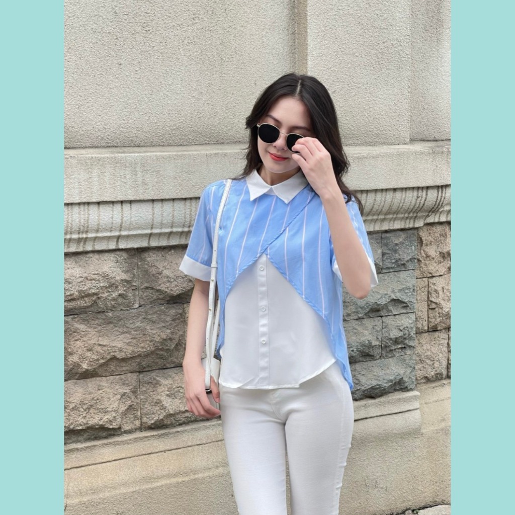 Áo Blue sọc ODS thiết kế, cổ Polo, tay ngắn, vạt sau dài, thời trang, trẻ trung - CD6
