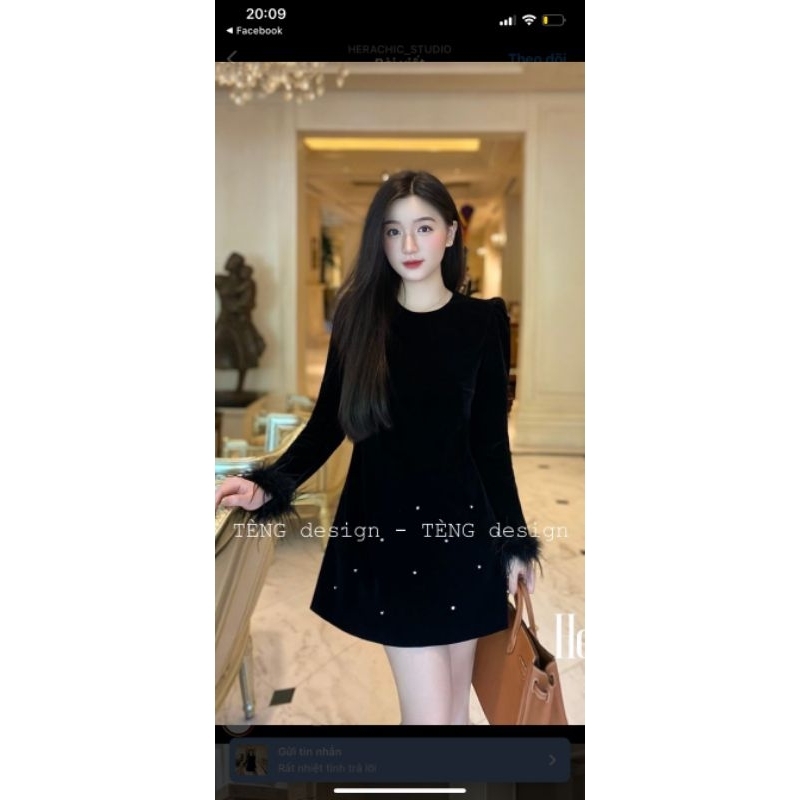 Váy nhung tay gắn lông 💯HÀNG THIẾT KẾ TẾT 2024 💖