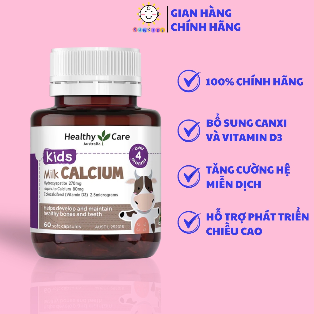 Viên uống canxi sữa Healthy care bổ sung canxi, vitamin D3 cho bé giúp xương và răng chắc khoẻ 60 vi