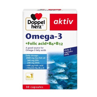  Dầu Cá Doppelherz Omega-3 + Folic Acid + B6 + B12 Giúp Tăng Cường Sức Khỏe Tim Mạch Và Não Bộ  Hộp 30 Viên  
