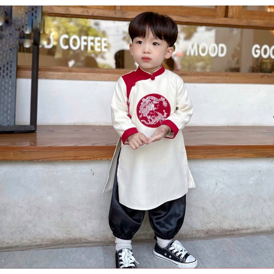 Áo dài thêu long phụng cho bé trai chất nhung tăm mịn siêu đẹp _ Monkey.kids