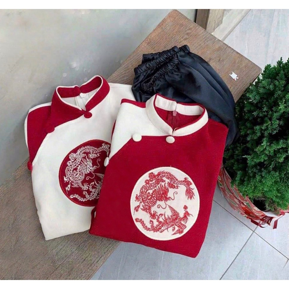 Áo dài thêu long phụng cho bé trai chất nhung tăm mịn siêu đẹp _ Monkey.kids