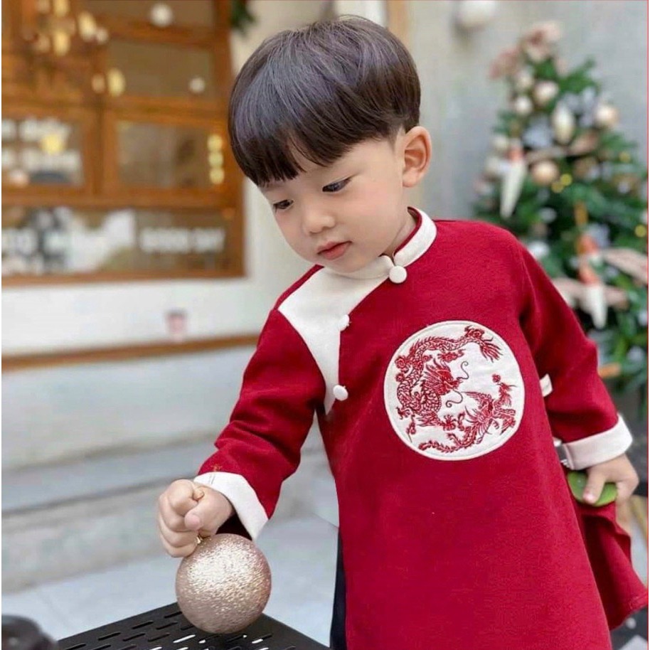 Áo dài thêu long phụng cho bé trai chất nhung tăm mịn siêu đẹp _ Monkey.kids