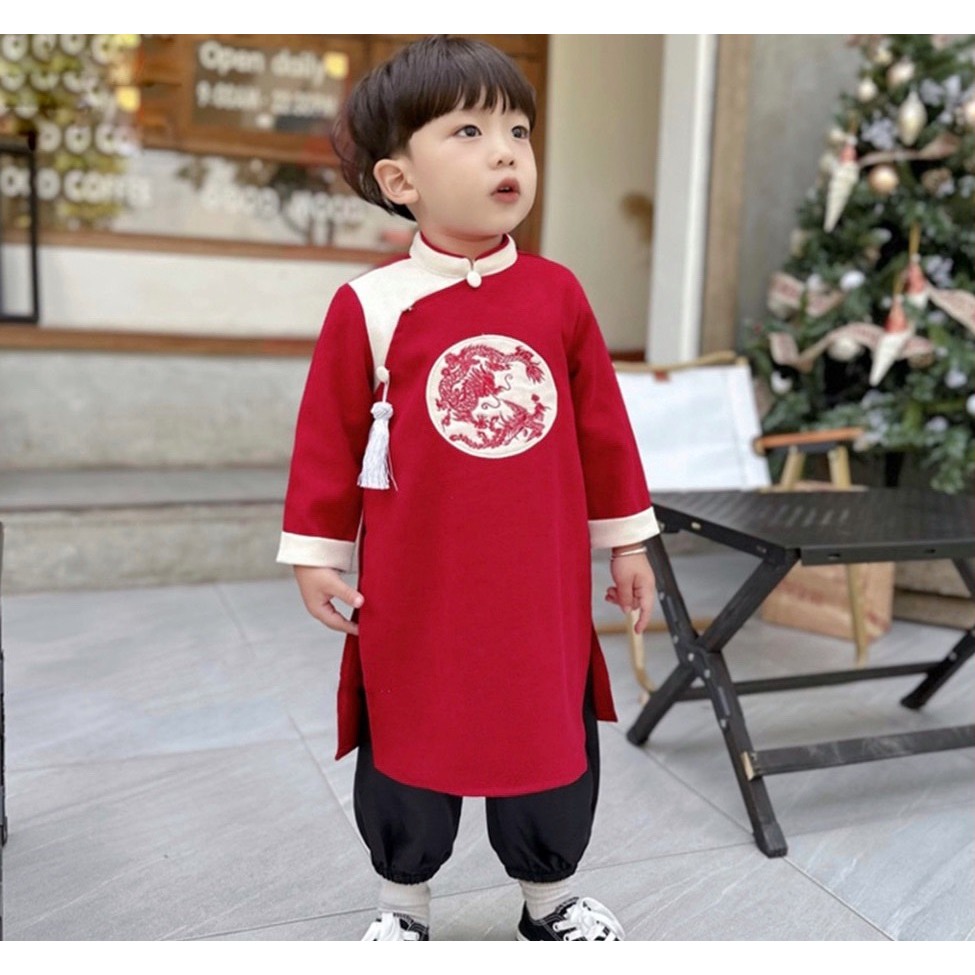 Áo dài thêu long phụng cho bé trai chất nhung tăm mịn siêu đẹp _ Monkey.kids