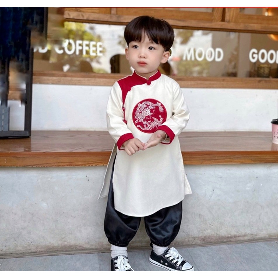 Áo dài thêu long phụng cho bé trai chất nhung tăm mịn siêu đẹp _ Monkey.kids