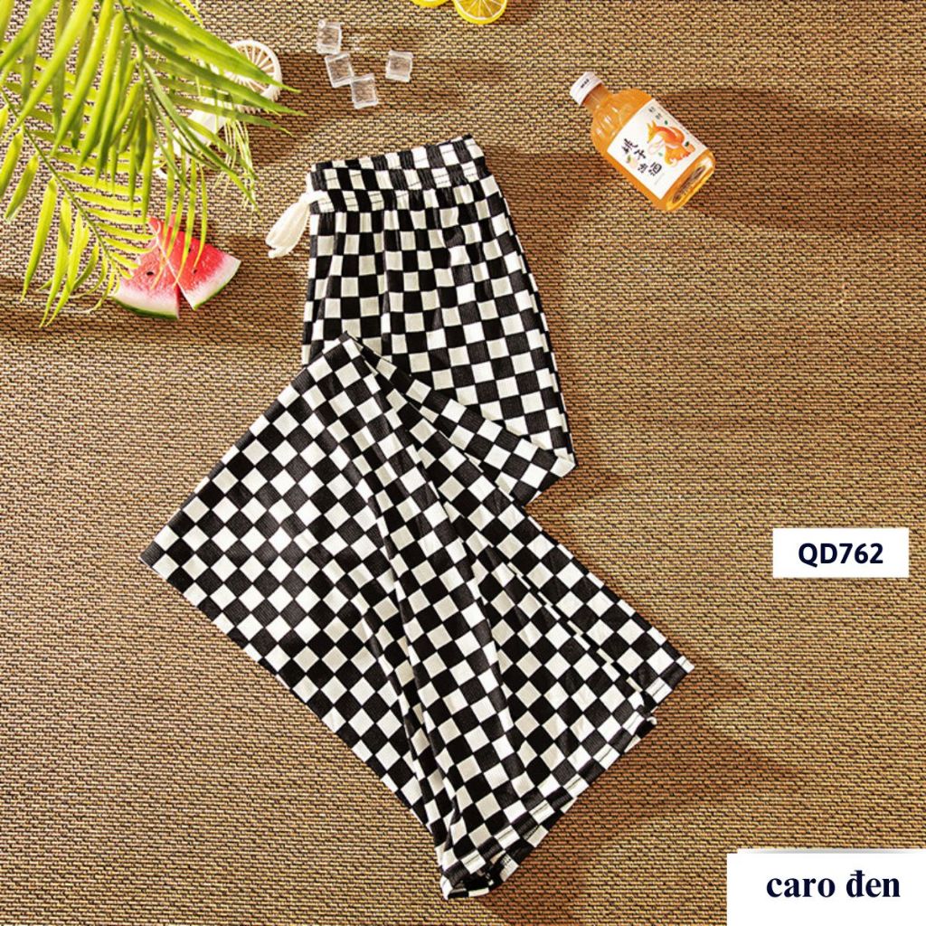 Quần ống suông caro, quần ống rộng cạp chun, đơn giản phong cách LOLITI QD762