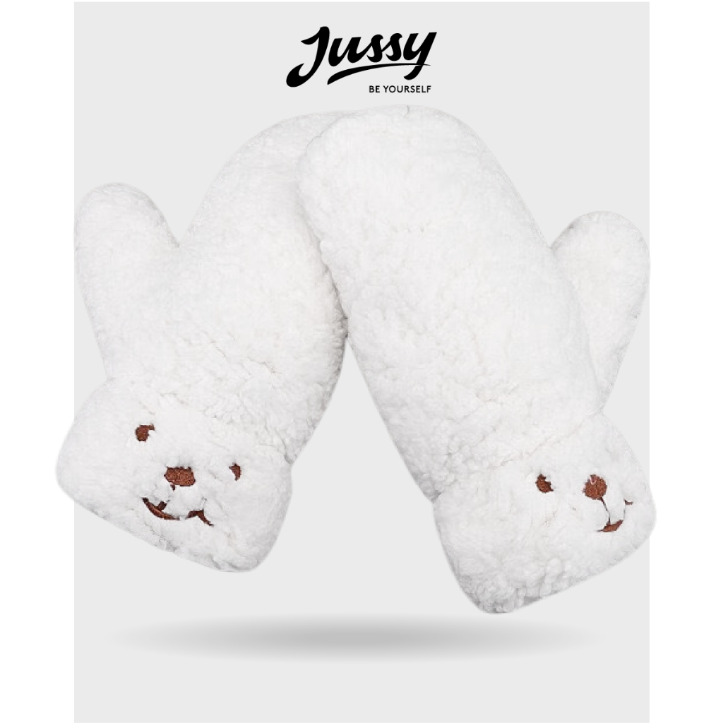 Găng Tay Lông Cừu Xù JG12 Jussy Official Găng Tay Gấu Dễ Thương Chất Len Siêu Dày Giữ Ấm Chống Gió Lạnh