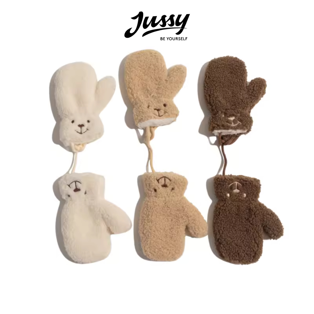 Găng Tay Lông Cừu Xù JG12 Jussy Official Găng Tay Gấu Dễ Thương Chất Len Siêu Dày Giữ Ấm Chống Gió Lạnh