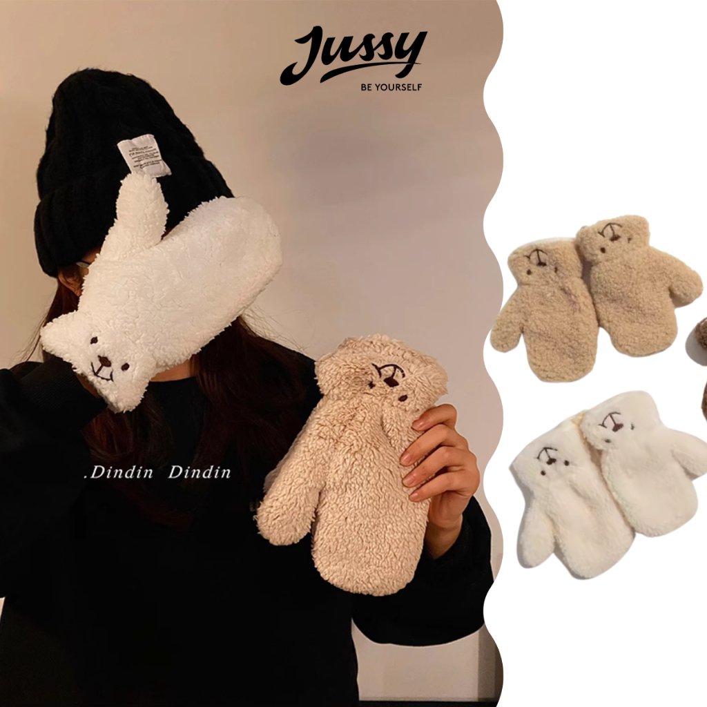 Găng Tay Lông Cừu Xù JG12 Jussy Official Găng Tay Gấu Dễ Thương Chất Len Siêu Dày Giữ Ấm Chống Gió Lạnh