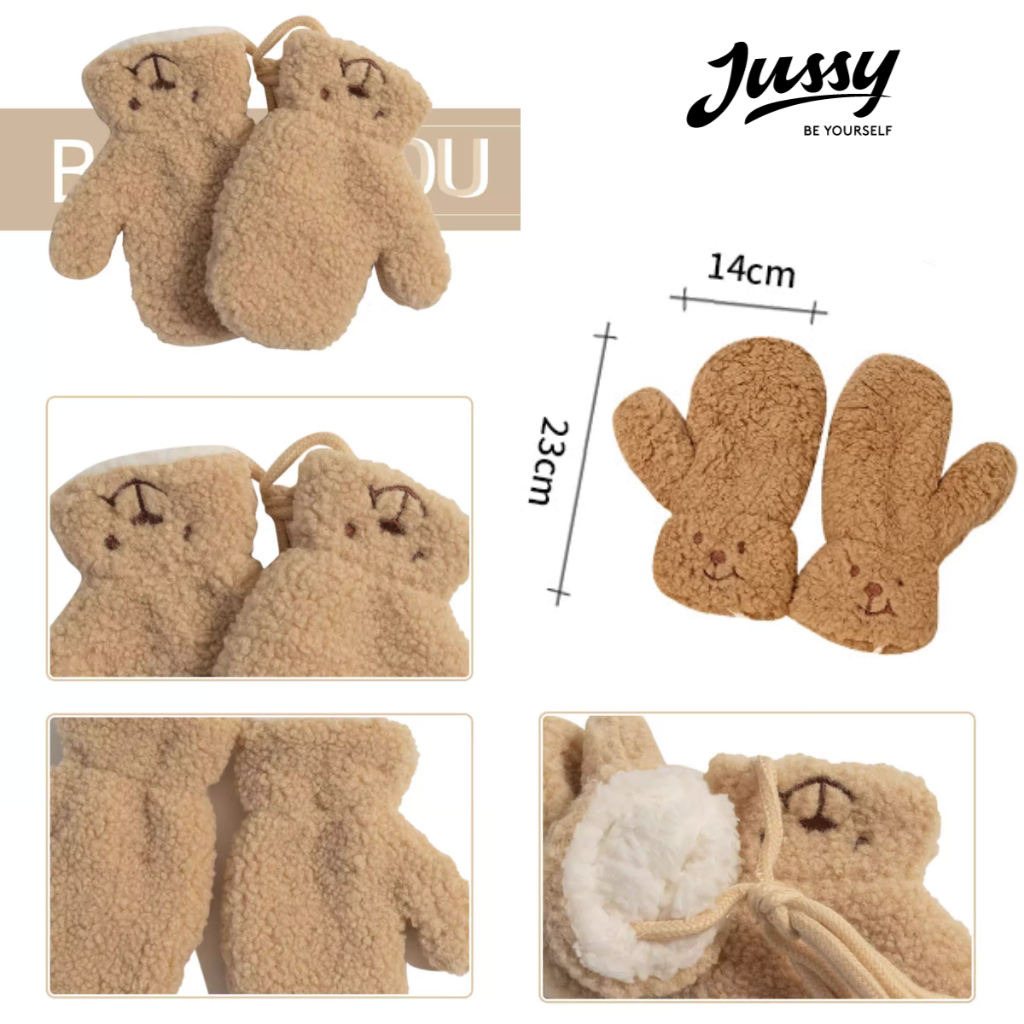 Găng Tay Lông Cừu Xù JG12 Jussy Official Găng Tay Gấu Dễ Thương Chất Len Siêu Dày Giữ Ấm Chống Gió Lạnh