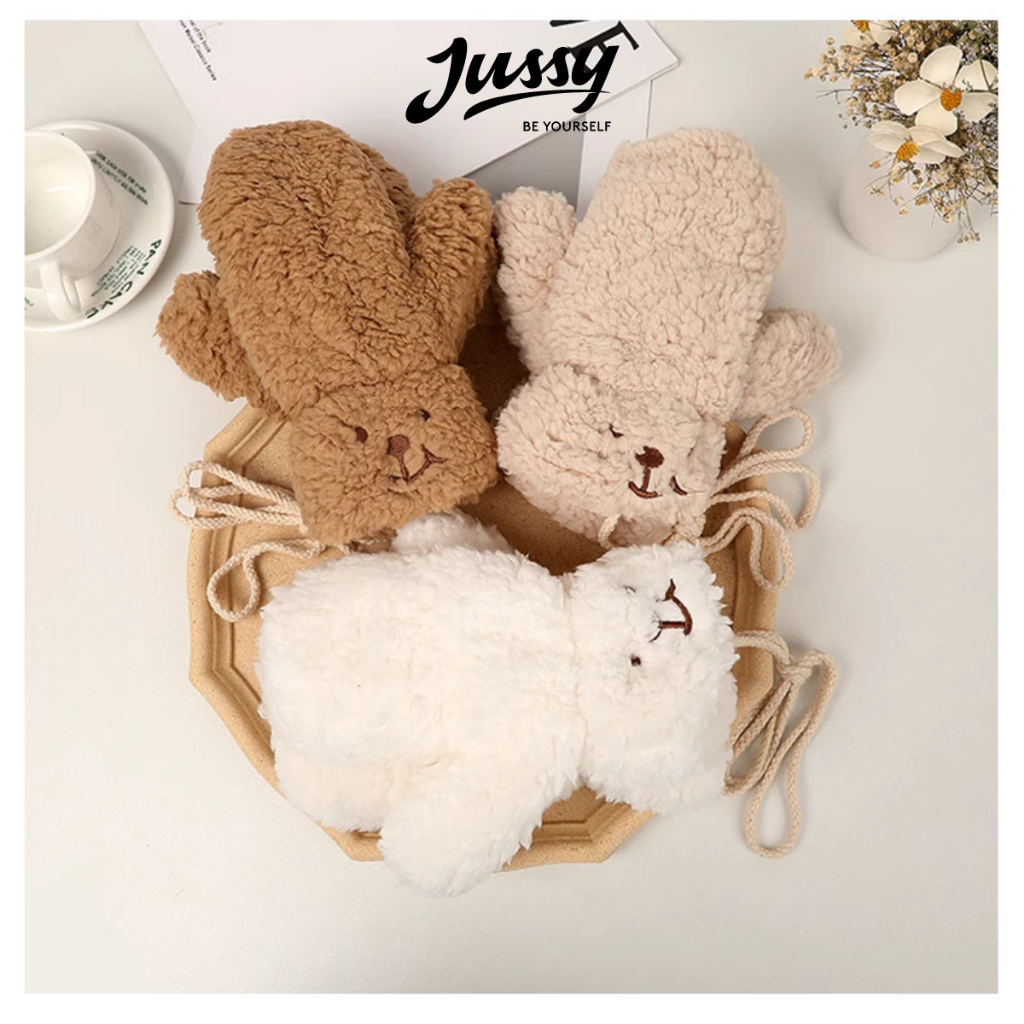 Găng Tay Lông Cừu Xù JG12 Jussy Official Găng Tay Gấu Dễ Thương Chất Len Siêu Dày Giữ Ấm Chống Gió Lạnh