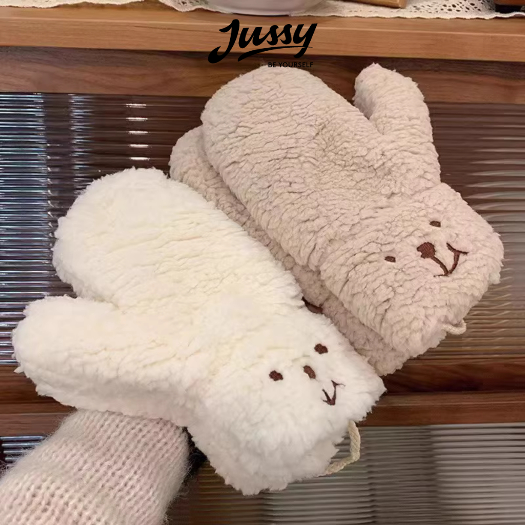 Găng Tay Lông Cừu Xù JG12 Jussy Official Găng Tay Gấu Dễ Thương Chất Len Siêu Dày Giữ Ấm Chống Gió Lạnh