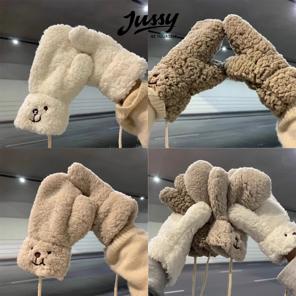 Găng Tay Lông Cừu Xù JG12 Jussy Official Găng Tay Gấu Dễ Thương Chất Len Siêu Dày Giữ Ấm Chống Gió Lạnh