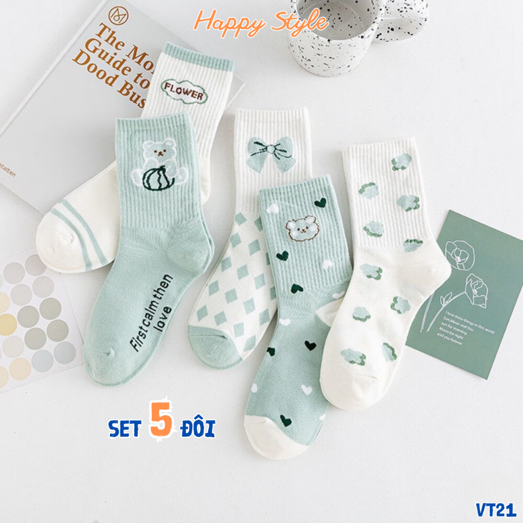 Tất Vớ Cổ Cao Sét 5 Đôi Tất Chân Nam Nữ Thêu Nhiều Họa Tiết Chất Cotton Co Giãn VT21 - Happy Style