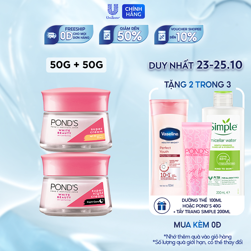 [Combo] Bộ kem dưỡng Pond's White Beauty trắng hồng rạng rỡ (Ban ngày 50g + Ban đêm 50g)