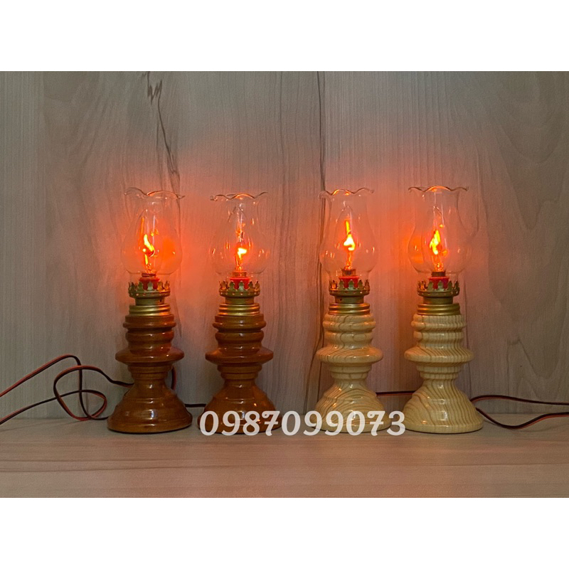 2 Cây đèn dầu điện 220V cao 20cm kiểu đèn dầu - Đèn thờ gỗ + thủy tinh