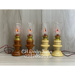 2 Cây đèn dầu điện 220V cao 20cm kiểu đèn dầu - Đèn thờ gỗ + thủy tinh