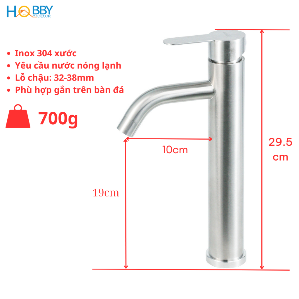 Vòi chậu lavabo nóng lạnh gắn bàn đá inox 304 Hobby home decor VRM7 có 2 dây cấp